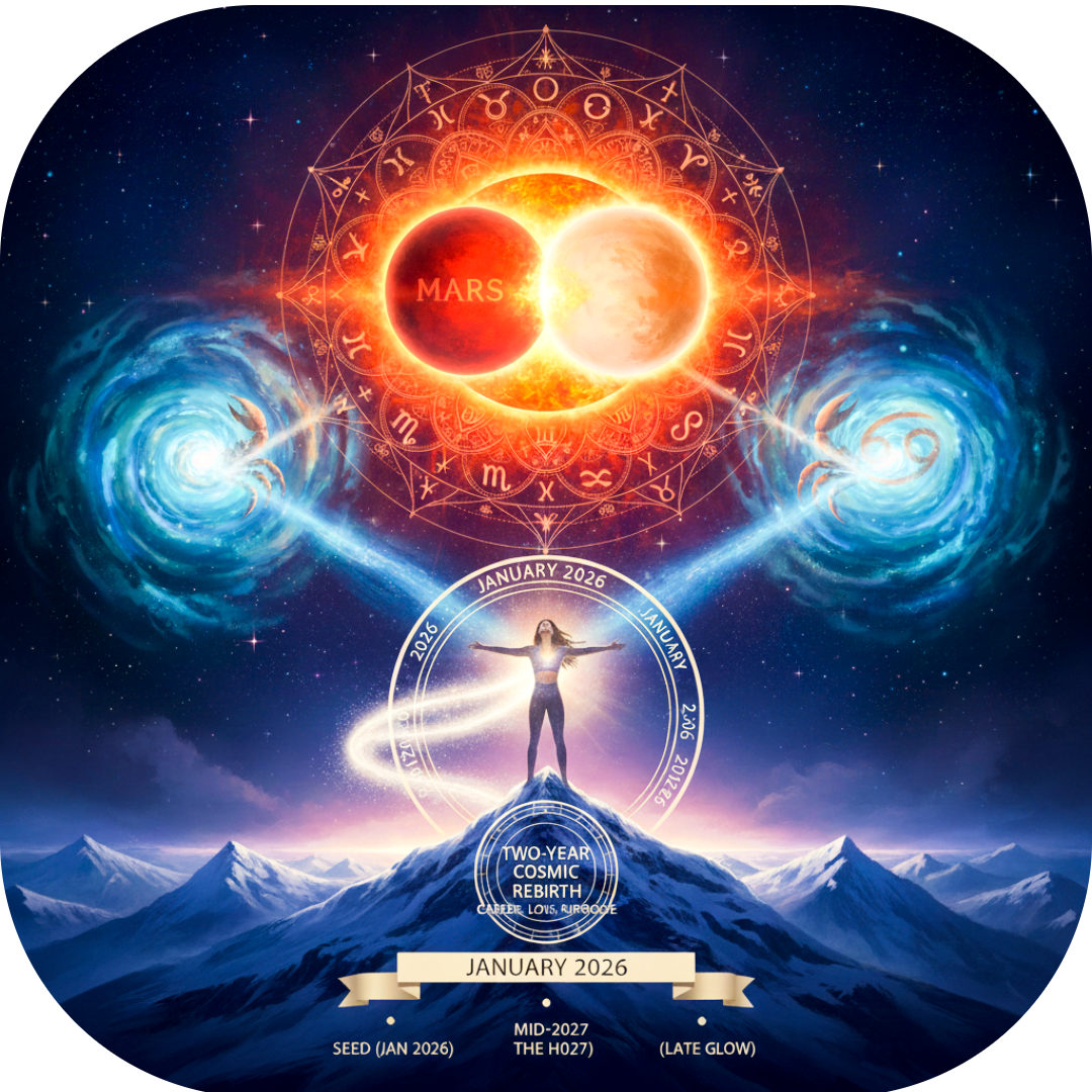 A mystical astrological illustration titled 'Cosmic Rebirth.' At the top, a male and female figure representing Mars and Venus embrace inside a glowing golden sun atop a snowy mountain peak. Below the mountain, a swirling blue celestial vortex features the Cancer zodiac symbol. The image represents the 2026 Capricorn Cazimi and its opposition to Jupiter in Cancer, using a deep cosmic color palette of navy, gold, and white."