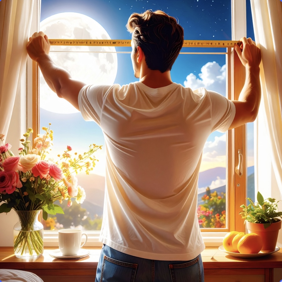 An image of a man (casually dressed) seen from behind doing something practical like at home standing by the window and measuring the window; outside the window is a moonlit sky. Hyper-detailed, semi-photorealistic portraits with heavy cinematic glow, dreamy soft-focus backgrounds, abundant floral romance, and that signature polished-yet-magical AI glow-up like a emotion-evoking still from an indie film or high-end lifestyle editorial to depict attraction to a man with his moon in Virgo.