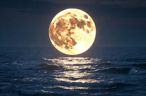 A large glowing full moon rising or suspended over a ocean