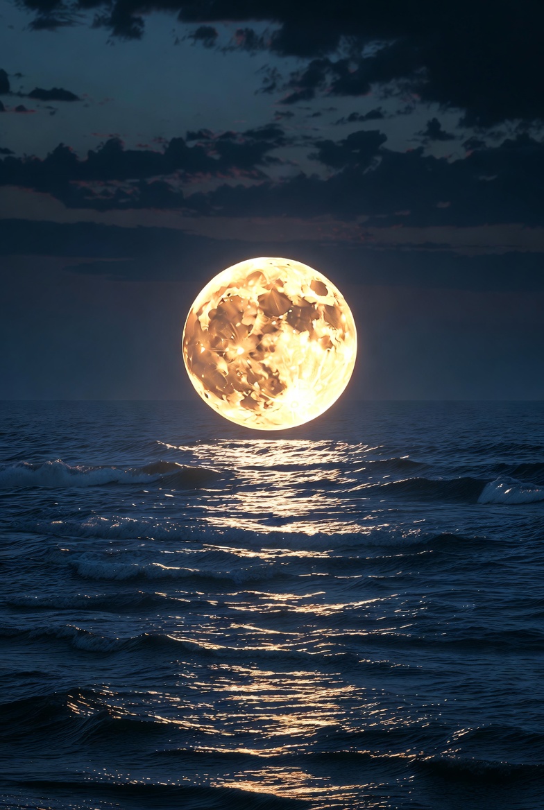 A large glowing full moon rising or suspended over a ocean