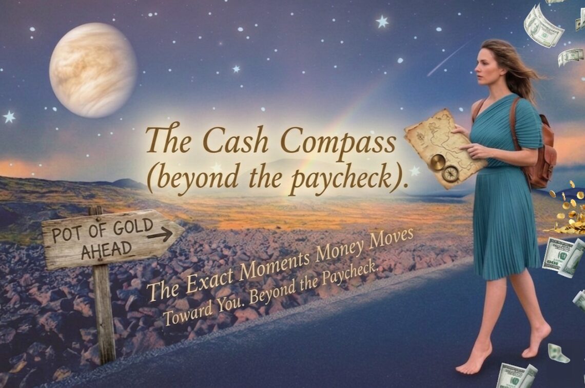 Promotional image that matches the website header. A barefooted. woman in a blue dress with a leather backpack walks the Rocky Road barefooted holding a map. In the distance planet Venus the stars Rookie volcano environment side reads pot of gold straight ahead. Is blowing in the air behind her.