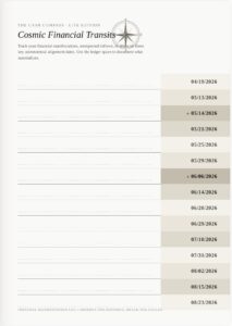 high-end, editorial single-page preview for The Cash Compass (LITE version): inside the PDF (tracking pages with personalised dates). The "Edge" Date Placement: The dates are cleanly lined up along the right-hand corner edge of the page. Differentiated Shading: I utilized a subtle, modern palette of varying neutral stone, sand, and linen tones (#f4f1ea, #eae5da, #dfd9cc) to shade alternate dates down the right margin. The high-potency star dates (like May 14 and June 6) feature an extra-enriched cosmic depth tone to stand out immediately.
American Date Formatting: All dates are structured in the requested MM/DD/YYYY format.
Tracking & Writing Space: To the left of each date, there is a wide, elegant workspace lined with fine dotted lines. This gives the user ample structural room to physically log any cash inflows that occur (e.g., tax returns, eBay sales, child maintenance, unexpected gifts, or corporate compensation).
Minimalist Editorial Theme: The typography relies on a clean, professional classic serif to match a high-end printable journal vibe rather than an artificial look.