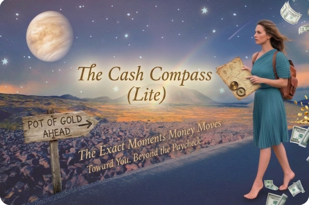 Promotional image that matches the website header. A barefooted. woman in a blue dress with a leather backpack walks the Rocky Road barefooted holding a map. In the distance planet Venus the stars Rookie volcano environment side reads pot of gold straight ahead. Is blowing in the air behind her.