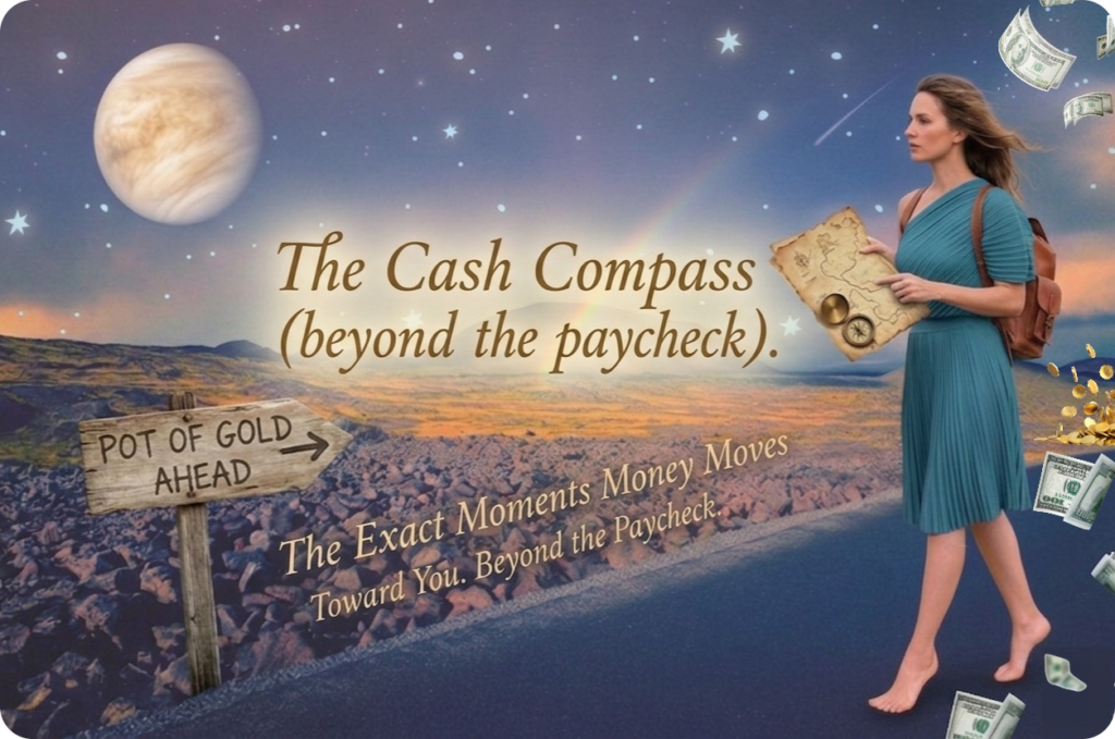 Promotional image that matches the website header. A barefooted. woman in a blue dress with a leather backpack walks the Rocky Road barefooted holding a map. In the distance planet Venus the stars Rookie volcano environment side reads pot of gold straight ahead. Is blowing in the air behind her.