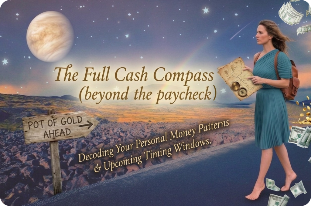 Promotional image that matches the website header. A barefooted. woman in a blue dress with a leather backpack walks the Rocky Road barefooted holding a map. In the distance planet Venus the stars Rookie volcano environment side reads pot of gold straight ahead. Is blowing in the air behind her.