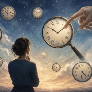 an illustrated image for a featured blog image for my WordPress site for a post on rectifying charts. It features a woman looking up (from behind) at different times on clocks that are mid-air or in the sky. Maybe a magnifying glass over one clock or a mysterious finger/hand moving the clock ticker.