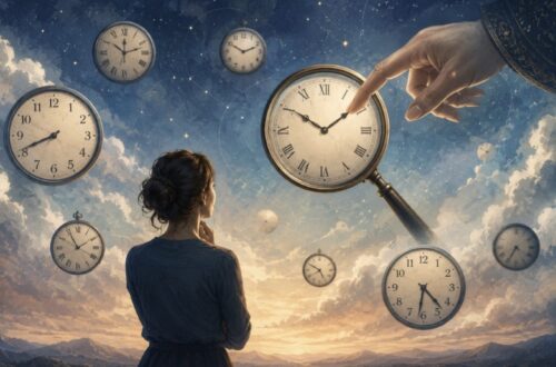 an illustrated image for a featured blog image for my WordPress site for a post on rectifying charts. It features a woman looking up (from behind) at different times on clocks that are mid-air or in the sky. Maybe a magnifying glass over one clock or a mysterious finger/hand moving the clock ticker.