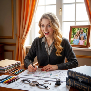 ⁠, a blonde woman is seated at a large wooden desk in a classic, well-lit room, captured in a moment of bright, joyful surprise. Here is a detailed breakdown of the scene: The Woman and Her Expression: She is looking up and slightly to the right of the frame with a wide, open-mouthed expression of pure excitement, delight, and astonishment, as if she has just noticed someone beloved entering the room. The Desk and Tools: Her desk remains meticulously organized, reflecting an analytical, detail-oriented personality. In front of her sits a large paper calendar open to the month of May, where she holds a sleek black pen in her right hand as if she was just marking a date. To her left, multiple colored pens are lined up in perfect, orderly rows alongside a neat stack of documents. On her right, two large, thick dark blue reference books with gold lettering are neatly stacked, titled "Technical & Scheduling References" and "Planning Techniques of Reference Tests". Scattered in the foreground are a magnifying loupe, a classic wristwatch with a black leather strap laid flat, and detailed technical sketches. The Background: Behind her, a large multi-paned window lets in bright, soft daylight, flanked by warm orange-and-white striped curtains. The Window Sill: In its place sits a large, warm wooden picture frame displaying a classic family photo of a smiling mother, father, young boy, and young girl posing outdoors together in a park setting. this is a Leo man’s ideal wife.
