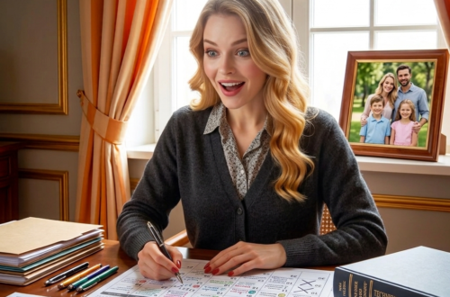 ⁠, a blonde woman is seated at a large wooden desk in a classic, well-lit room, captured in a moment of bright, joyful surprise. Here is a detailed breakdown of the scene: The Woman and Her Expression: She is looking up and slightly to the right of the frame with a wide, open-mouthed expression of pure excitement, delight, and astonishment, as if she has just noticed someone beloved entering the room. The Desk and Tools: Her desk remains meticulously organized, reflecting an analytical, detail-oriented personality. In front of her sits a large paper calendar open to the month of May, where she holds a sleek black pen in her right hand as if she was just marking a date. To her left, multiple colored pens are lined up in perfect, orderly rows alongside a neat stack of documents. On her right, two large, thick dark blue reference books with gold lettering are neatly stacked, titled "Technical & Scheduling References" and "Planning Techniques of Reference Tests". Scattered in the foreground are a magnifying loupe, a classic wristwatch with a black leather strap laid flat, and detailed technical sketches. The Background: Behind her, a large multi-paned window lets in bright, soft daylight, flanked by warm orange-and-white striped curtains. The Window Sill: In its place sits a large, warm wooden picture frame displaying a classic family photo of a smiling mother, father, young boy, and young girl posing outdoors together in a park setting. this is a Leo man’s ideal wife.