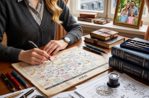 This image is a portrait of a woman whose desk reveals a meticulous and analytical nature. It represents her methodical lifestyle, characterized by: Precision and Detail: The watch blueprints, disassembly tools, and multiple pens highlight her engagement in technical work. Structured Organization: The densely scheduled calendar shows she is a person who meticulously plans her time. Balance of Passion and Family: While her focus is on professional tasks, the visible family photo and a refined cityscape show her dedication to her personal life. Essentially, she represents the sophisticated "perfectionist" who finds clarity and order through detailed work and rigorous planning. The image is meant to paint the idle wife of a Leo man.