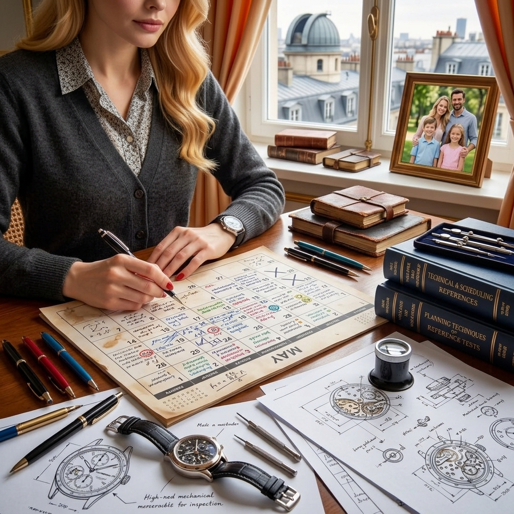 This image is a portrait of a woman whose desk reveals a meticulous and analytical nature. It represents her methodical lifestyle, characterized by: Precision and Detail: The watch blueprints, disassembly tools, and multiple pens highlight her engagement in technical work. Structured Organization: The densely scheduled calendar shows she is a person who meticulously plans her time. Balance of Passion and Family: While her focus is on professional tasks, the visible family photo and a refined cityscape show her dedication to her personal life. Essentially, she represents the sophisticated "perfectionist" who finds clarity and order through detailed work and rigorous planning. The image is meant to paint the idle wife of a Leo man.