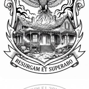 This is a black line drawing of a Phoenix rising out of the ashes of a burnt down house to represent Pluto transit in the fourth house in astrology