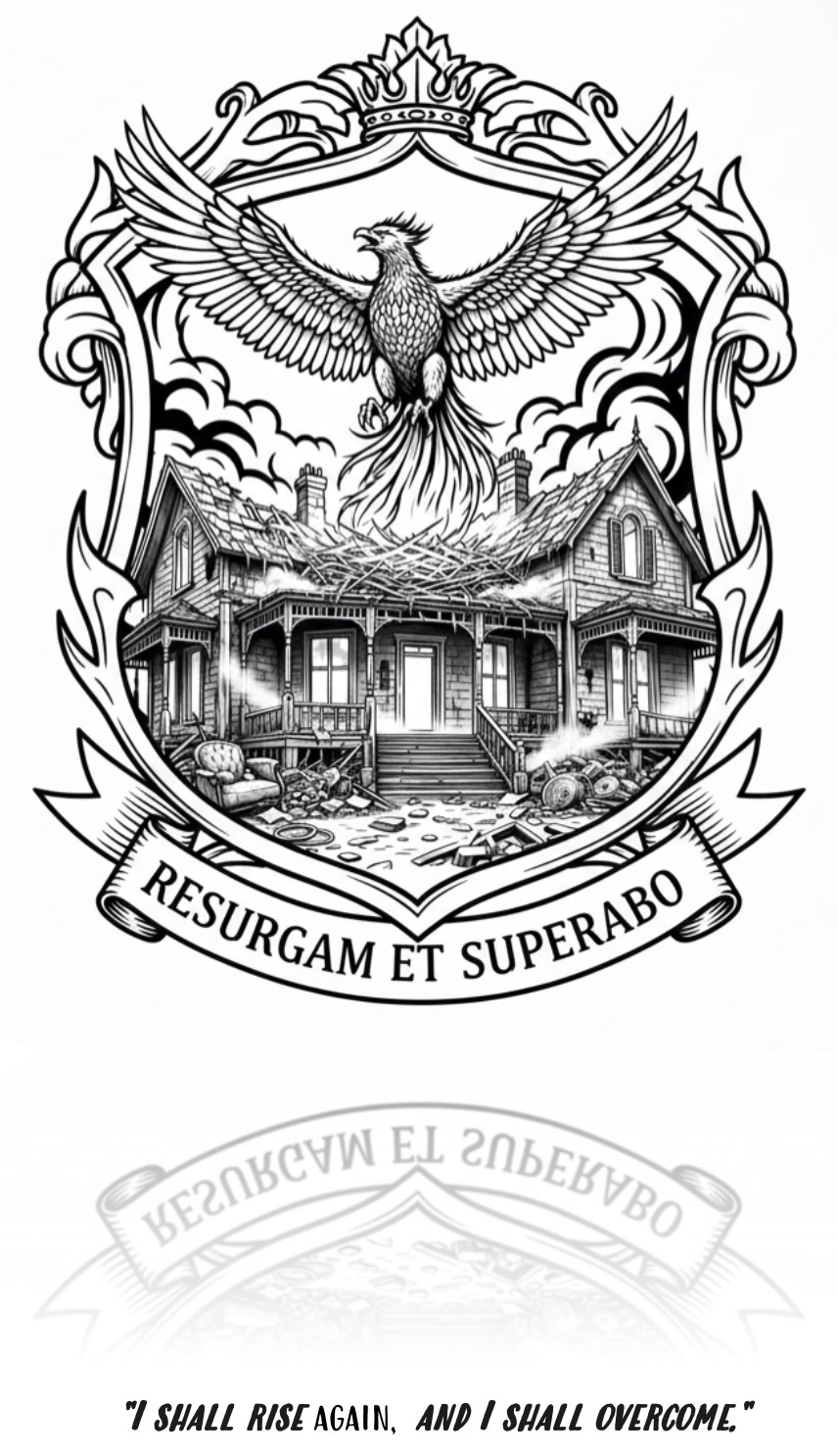 This is a black line drawing of a Phoenix rising out of the ashes of a burnt down house to represent Pluto transit in the fourth house in astrology