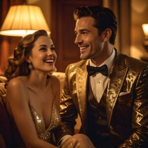 An elaborate dressed man in an Ostentatious suit arriving home after an exciting evening. His partner is waiting for him in a cozy, warmly lit home. She is sitting comfortably, smiling as he tells a story about his night. Her eyes are focused entirely on him, genuinely interested and amused. She laughs at something he’s saying. The emotional tone is admiration, warmth, and connection. She doesn’t need attention for herself; she’s simply happy to see him shine. Cinematic photography, realistic, intimate, emotionally rich, golden evening li