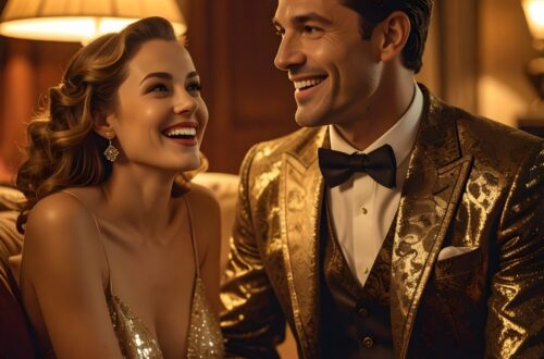 An elaborate dressed man in an Ostentatious suit arriving home after an exciting evening. His partner is waiting for him in a cozy, warmly lit home. She is sitting comfortably, smiling as he tells a story about his night. Her eyes are focused entirely on him, genuinely interested and amused. She laughs at something he’s saying. The emotional tone is admiration, warmth, and connection. She doesn’t need attention for herself; she’s simply happy to see him shine. Cinematic photography, realistic, intimate, emotionally rich, golden evening li
