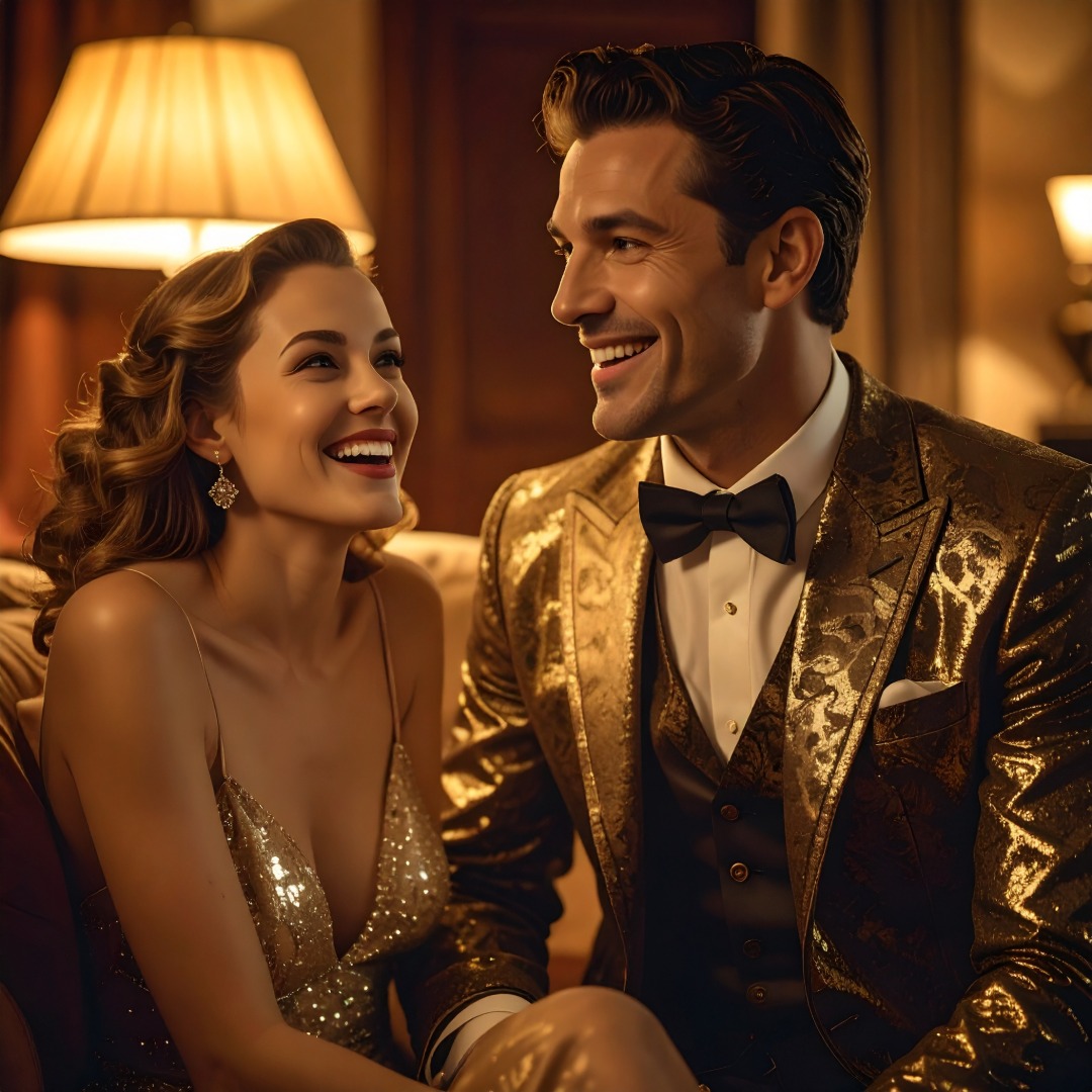 An elaborate dressed man in an Ostentatious suit arriving home after an exciting evening. His partner is waiting for him in a cozy, warmly lit home. She is sitting comfortably, smiling as he tells a story about his night. Her eyes are focused entirely on him, genuinely interested and amused. She laughs at something he’s saying. The emotional tone is admiration, warmth, and connection. She doesn’t need attention for herself; she’s simply happy to see him shine. Cinematic photography, realistic, intimate, emotionally rich, golden evening li