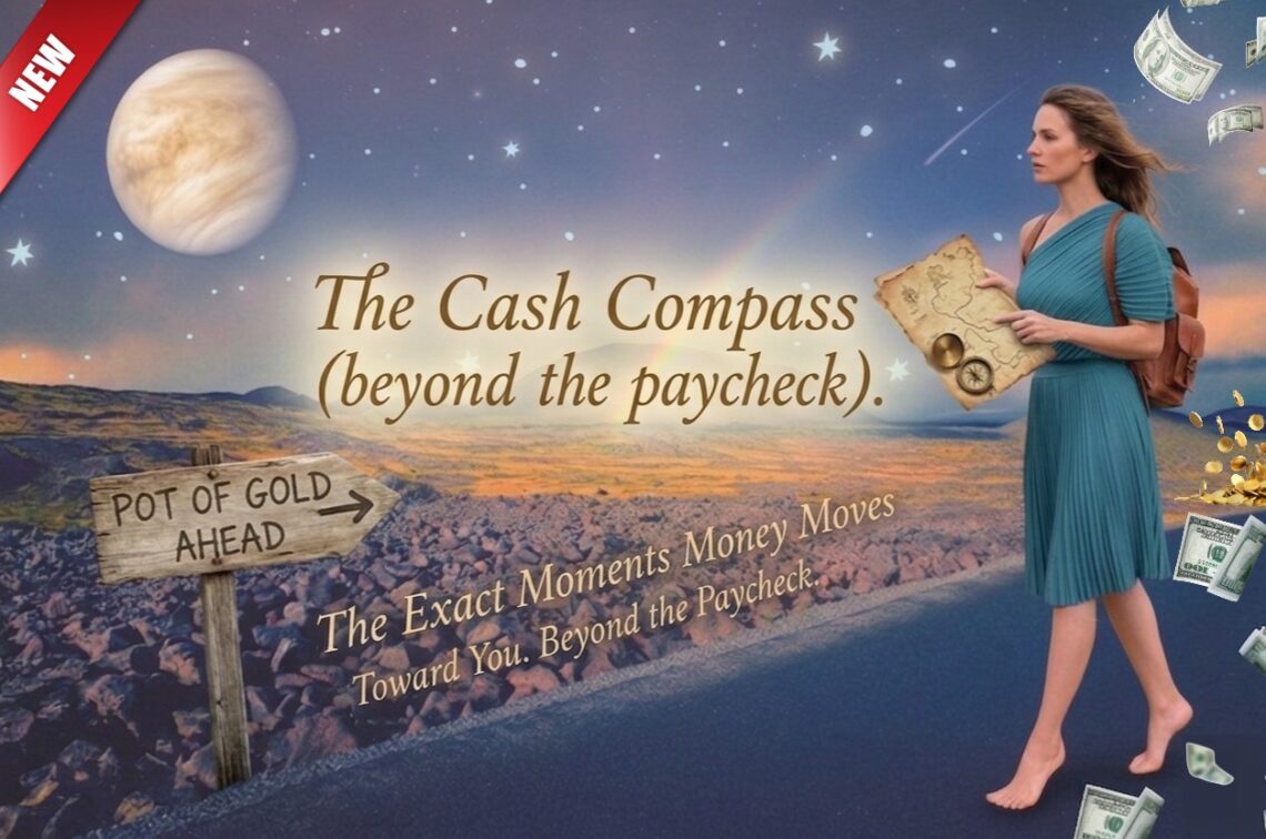 New promotional image that matches the website header. A barefooted. woman in a blue dress with a leather backpack walks the Rocky Road barefooted holding a map. In the distance planet Venus the stars Rookie volcano environment side reads pot of gold straight ahead. Is blowing in the air behind her. new banner above on left in red. To depict looking for money
