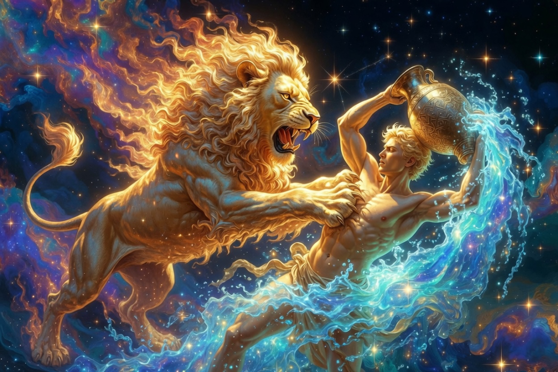 Majestic Leo the lion aggressively pushing the young Aquarius figure in a vibrant cosmic sky, front paws pressing against his body as sparkling water cascades from the jug he holds, fantasy astrology illustration with glowing stars and nebulae. Image is To depict how the South Node in Leo house creates the pressure or opportunity that pushes you into the North Node in Aquarius house.