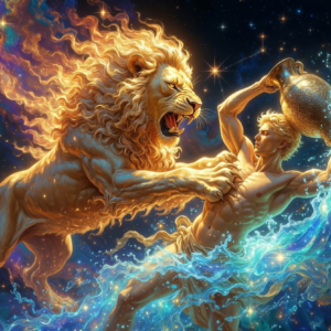Majestic Leo the lion aggressively pushing the young Aquarius figure in a vibrant cosmic sky, front paws pressing against his body as sparkling water cascades from the jug he holds, fantasy astrology illustration with glowing stars and nebulae. Image is To depict how the South Node in Leo house creates the pressure or opportunity that pushes you into the North Node in Aquarius house.