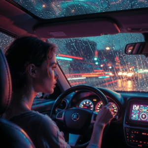 imageof a woman sitting inside a car at night during a heavy rainstorm. Close-up shot focusing on her thoughtful, resilient expression as she looks away from the road, one hand on the steering wheel. The car is idling. The dashboard emits a soft, moody neon glow with surreal, abstract digital readouts. Outside the windows, blurred neon city lights stretch and distort through the rain droplets on the glass, resembling cosmic nebulas and starry skies. High contrast, deep shadows, emotional and melancholic atmosphere. this is to depict a cosmic shift with the nodes.