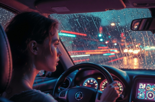imageof a woman sitting inside a car at night during a heavy rainstorm. Close-up shot focusing on her thoughtful, resilient expression as she looks away from the road, one hand on the steering wheel. The car is idling. The dashboard emits a soft, moody neon glow with surreal, abstract digital readouts. Outside the windows, blurred neon city lights stretch and distort through the rain droplets on the glass, resembling cosmic nebulas and starry skies. High contrast, deep shadows, emotional and melancholic atmosphere. this is to depict a cosmic shift with the nodes.