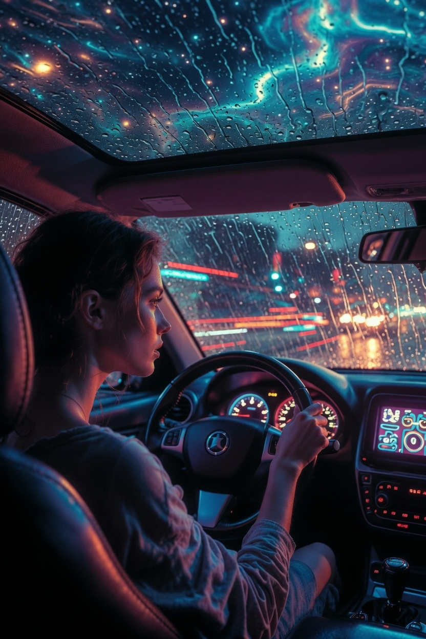 imageof a woman sitting inside a car at night during a heavy rainstorm. Close-up shot focusing on her thoughtful, resilient expression as she looks away from the road, one hand on the steering wheel. The car is idling. The dashboard emits a soft, moody neon glow with surreal, abstract digital readouts. Outside the windows, blurred neon city lights stretch and distort through the rain droplets on the glass, resembling cosmic nebulas and starry skies. High contrast, deep shadows, emotional and melancholic atmosphere. this is to depict a cosmic shift with the nodes.