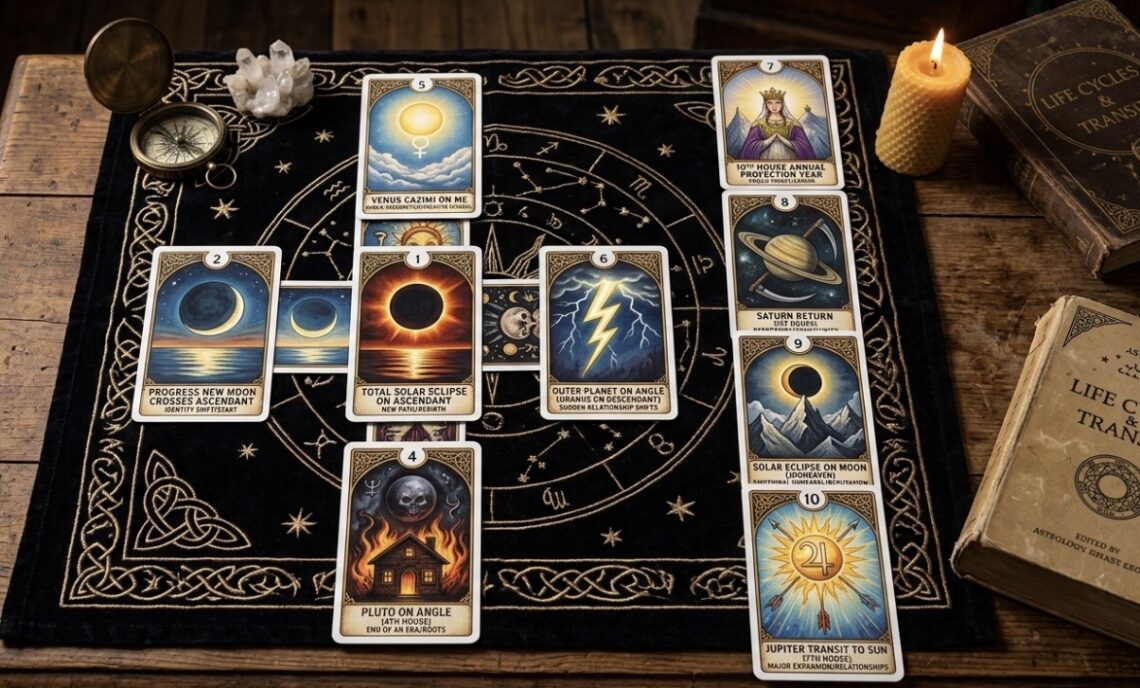 An overhead photograph of a complex astrological tarot card spread laid out on a black embroidered cloth on a wooden table. Ten cards are arranged in a specific pattern, some forming a cross-shape and others a vertical line, each featuring symbolic art of planets and celestial events like eclipses and lightning. Surrounding the spread are various esoteric items, including a brass compass, a cluster of clear crystals, a lit candle in a decorative holder, and several aged leather-bound books titled 'Life Cycles & Transit.' The overall scene is dimly lit, with a mystical and scholarly atmosphere.