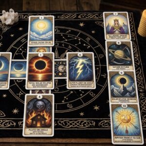 An overhead photograph of a complex astrological tarot card spread laid out on a black embroidered cloth on a wooden table. Ten cards are arranged in a specific pattern, some forming a cross-shape and others a vertical line, each featuring symbolic art of planets and celestial events like eclipses and lightning. Surrounding the spread are various esoteric items, including a brass compass, a cluster of clear crystals, a lit candle in a decorative holder, and several aged leather-bound books titled 'Life Cycles & Transit.' The overall scene is dimly lit, with a mystical and scholarly atmosphere.