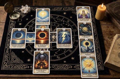 An overhead photograph of a complex astrological tarot card spread laid out on a black embroidered cloth on a wooden table. Ten cards are arranged in a specific pattern, some forming a cross-shape and others a vertical line, each featuring symbolic art of planets and celestial events like eclipses and lightning. Surrounding the spread are various esoteric items, including a brass compass, a cluster of clear crystals, a lit candle in a decorative holder, and several aged leather-bound books titled 'Life Cycles & Transit.' The overall scene is dimly lit, with a mystical and scholarly atmosphere.
