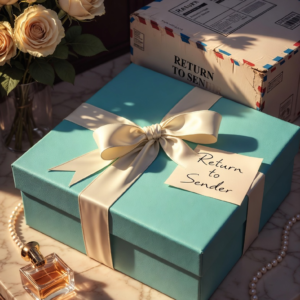 Teal gift box with cream satin bow beside a brown cardboard parcel, with scattered pearls and a handwritten ‘Return to Sender’ note on a light linen background. This image is for a post about Venus retrograde and during this time you may want to return something back to the Sender