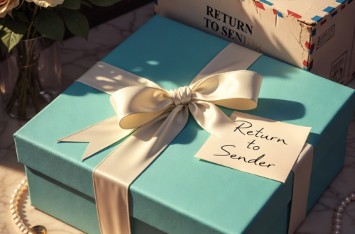 Teal gift box with cream satin bow beside a brown cardboard parcel, with scattered pearls and a handwritten ‘Return to Sender’ note on a light linen background. This image is for a post about Venus retrograde and during this time you may want to return something back to the Sender
