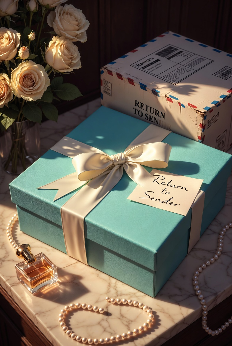 Teal gift box with cream satin bow beside a brown cardboard parcel, with scattered pearls and a handwritten ‘Return to Sender’ note on a light linen background. This image is for a post about Venus retrograde and during this time you may want to return something back to the Sender
