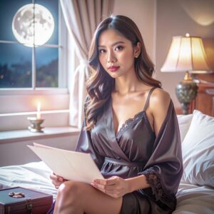 Short Alt Text A woman with long wavy hair sits on a bed in a dark silk robe holding papers, illuminated by a warm bedside lamp and a large full moon outside the window. Detailed Description * Subject: An East Asian woman with long brown, wavy hair sitting upright on a bed, looking directly at the camera with a subtle expression. She wears a dark grey or taupe silk robe with black lace trim over a matching lace nightshirt. * Objects & Setting: She holds open white papers or a folder in her hands. Beside her on the white duvet sits a small dark leather-trimmed box. * Lighting & Background: The room is warmly lit by a classic table lamp with a pleated shade on a nightstand to her right, as well as a small lit candle on the window sill. Behind her to the left is a window showing a night sky dominated by a brightly glowing, large full moon.