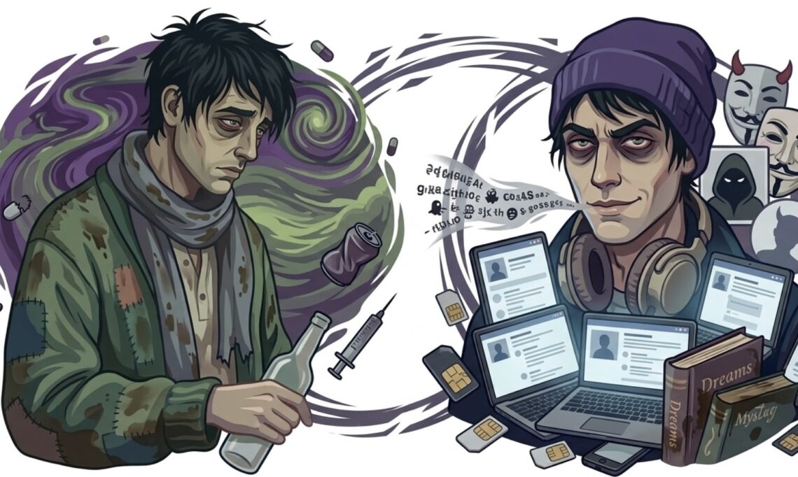 Illustration comparing substance addiction with cybercrime, showing a distressed man holding a bottle and syringe beside a hacker surrounded by laptops, fake identities, SIM cards, and anonymous masks. This image is to depict a toxic Pisces man.