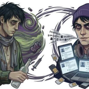 Illustration comparing substance addiction with cybercrime, showing a distressed man holding a bottle and syringe beside a hacker surrounded by laptops, fake identities, SIM cards, and anonymous masks. This image is to depict a toxic Pisces man.