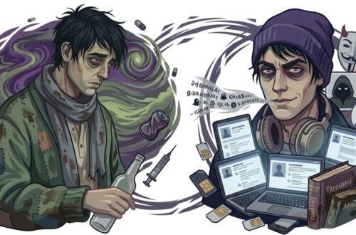 Illustration comparing substance addiction with cybercrime, showing a distressed man holding a bottle and syringe beside a hacker surrounded by laptops, fake identities, SIM cards, and anonymous masks. This image is to depict a toxic Pisces man.