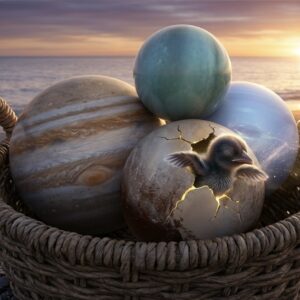 Jupiter, Neptune, Uranus and Pluto are in a basket on a beach with the sea behind them and the son of rising. In the basket Pluto is cracked and emerging is a chick this is to represent. Barbault basket 2026