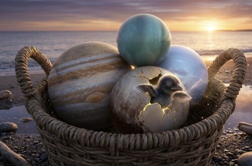 Jupiter, Neptune, Uranus and Pluto are in a basket on a beach with the sea behind them and the son of rising. In the basket Pluto is cracked and emerging is a chick this is to represent. Barbault basket 2026
