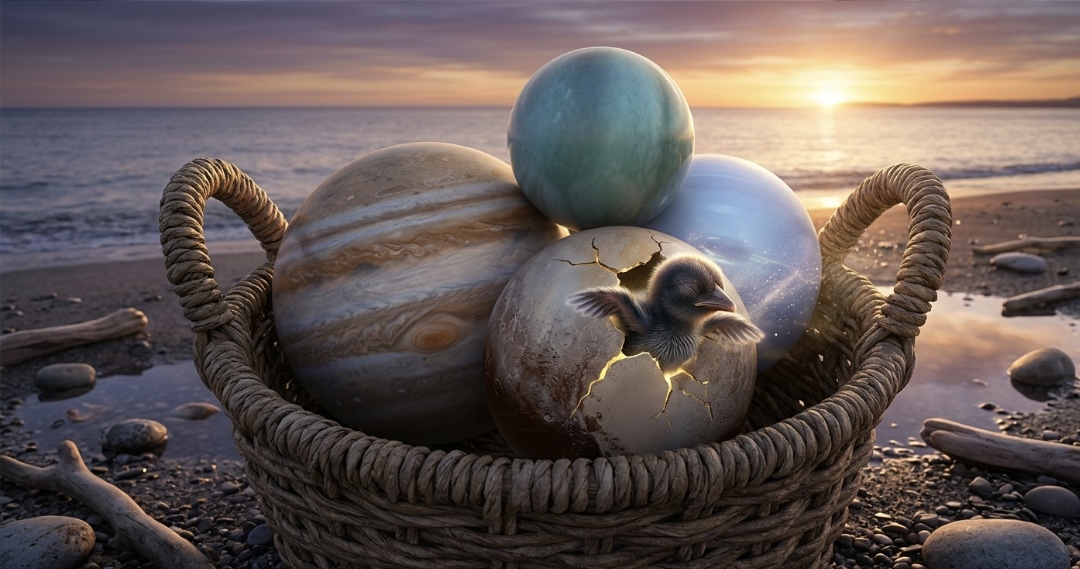 Jupiter, Neptune, Uranus and Pluto are in a basket on a beach with the sea behind them and the son of rising. In the basket Pluto is cracked and emerging is a chick this is to represent. Barbault basket 2026