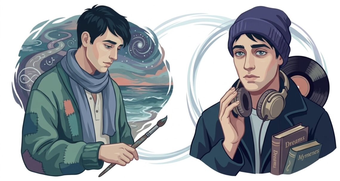 illustration that embodies the "soft, haunted visionary" , in a style that complements your existing examples. Here, the Pisces man has eyes full of weight and memory, and I’ve used subtle, surreal elements—like deep-sea tones, a dream-like state, and a visible connection to music and the abstract—to capture his spiritual and multifaceted nature.