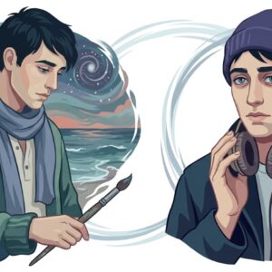 illustration that embodies the "soft, haunted visionary" , in a style that complements your existing examples. Here, the Pisces man has eyes full of weight and memory, and I’ve used subtle, surreal elements—like deep-sea tones, a dream-like state, and a visible connection to music and the abstract—to capture his spiritual and multifaceted nature.
