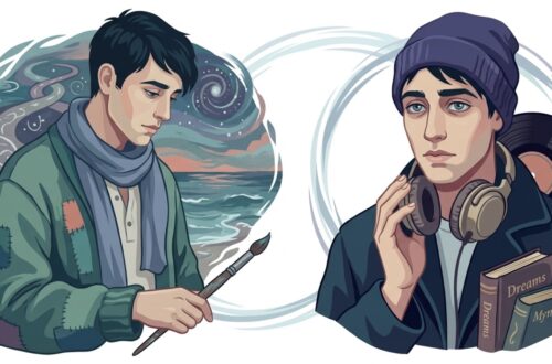 illustration that embodies the "soft, haunted visionary" , in a style that complements your existing examples. Here, the Pisces man has eyes full of weight and memory, and I’ve used subtle, surreal elements—like deep-sea tones, a dream-like state, and a visible connection to music and the abstract—to capture his spiritual and multifaceted nature.
