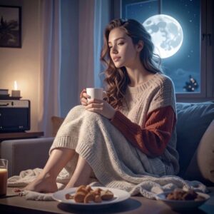 A young woman with long, wavy brown hair sitting cozy on a couch at night, holding a warm white mug in both hands. She wears an oversized, light beige knit sweater with rust-orange sleeves, and a thick cream-colored knit blanket is draped over her lap and thighs, extending down past her calves to leave her bare feet exposed. She has a gentle, reflective expression, gazing slightly off to the side rather than looking directly out the window behind her. In the background, a large full moon glows brightly in a dark blue night sky through a multi-paned window. To the left, warm light from a nearby lamp casts a cozy glow across her sweater and the room, where a tabletop with plates of snacks and a mug sits in the foreground.