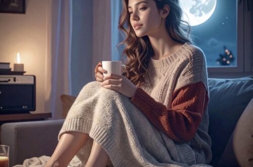 A young woman with long, wavy brown hair sitting cozy on a couch at night, holding a warm white mug in both hands. She wears an oversized, light beige knit sweater with rust-orange sleeves, and a thick cream-colored knit blanket is draped over her lap and thighs, extending down past her calves to leave her bare feet exposed. She has a gentle, reflective expression, gazing slightly off to the side rather than looking directly out the window behind her. In the background, a large full moon glows brightly in a dark blue night sky through a multi-paned window. To the left, warm light from a nearby lamp casts a cozy glow across her sweater and the room, where a tabletop with plates of snacks and a mug sits in the foreground.