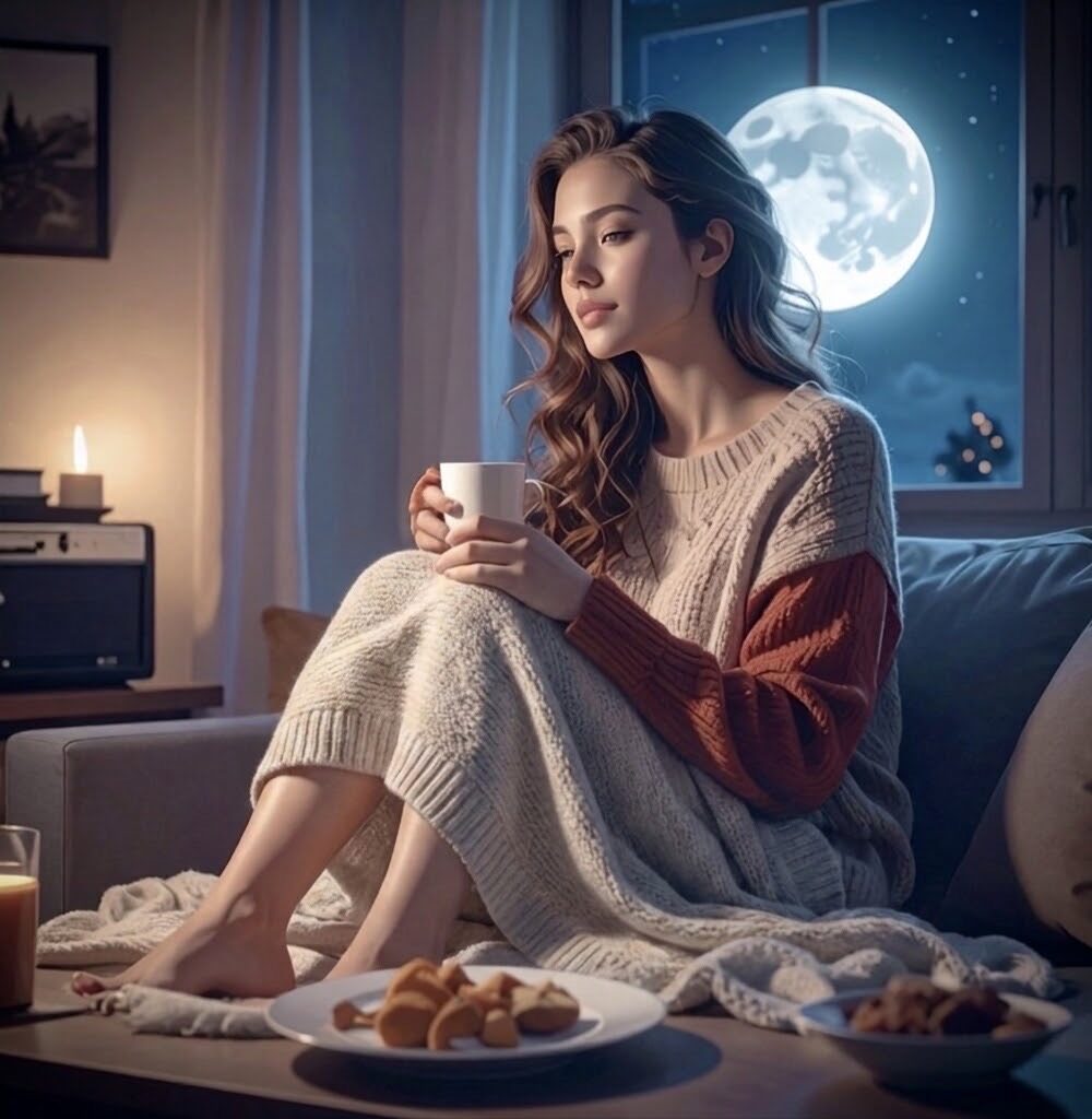 A young woman with long, wavy brown hair sitting cozy on a couch at night, holding a warm white mug in both hands. She wears an oversized, light beige knit sweater with rust-orange sleeves, and a thick cream-colored knit blanket is draped over her lap and thighs, extending down past her calves to leave her bare feet exposed. She has a gentle, reflective expression, gazing slightly off to the side rather than looking directly out the window behind her. In the background, a large full moon glows brightly in a dark blue night sky through a multi-paned window. To the left, warm light from a nearby lamp casts a cozy glow across her sweater and the room, where a tabletop with plates of snacks and a mug sits in the foreground.