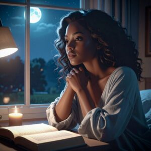 woman seated near a window at night, three-quarter profile, turned toward the window rather than facing it head-on. Soft, distant gaze past the glass — not at the moon, not at camera — like she’s remembering something. Relaxed shoulders, one hand resting near her collarbone or cheek. In front of her: one quiet object (an open book she’s stopped reading, a half-written letter, a low-burning candle, or a cold cup of tea) — signaling solitude and sentimentality, not romance. Lighting: cool moonlight through the window contrasted with one warm lamp, soft shadows across her face. Hair loose, natural. Clothing in soft, flowing fabric, muted tones. Mood: intimate, still, unposed — no second person implied. T To depict the type of woman a Pisces man is emotionally attracted to