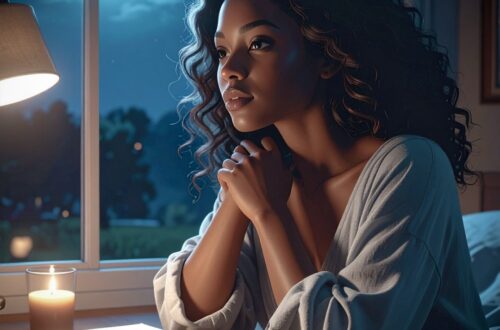 woman seated near a window at night, three-quarter profile, turned toward the window rather than facing it head-on. Soft, distant gaze past the glass — not at the moon, not at camera — like she’s remembering something. Relaxed shoulders, one hand resting near her collarbone or cheek. In front of her: one quiet object (an open book she’s stopped reading, a half-written letter, a low-burning candle, or a cold cup of tea) — signaling solitude and sentimentality, not romance. Lighting: cool moonlight through the window contrasted with one warm lamp, soft shadows across her face. Hair loose, natural. Clothing in soft, flowing fabric, muted tones. Mood: intimate, still, unposed — no second person implied. T To depict the type of woman a Pisces man is emotionally attracted to