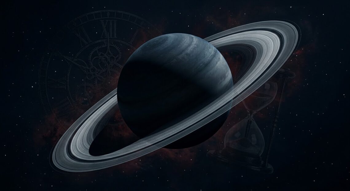 Saturn itself — dark, moody, rings prominent — rather than a generic “zodiac wheel” stock photo an image that reads as heavy, architectural, and a little austere (dark background, cool tones, an hourglass and a clock motif layered subtly) will telegraph the theme art. The image has a dark palette and is meant to be a visual nod to to explain Saturn Retrograde