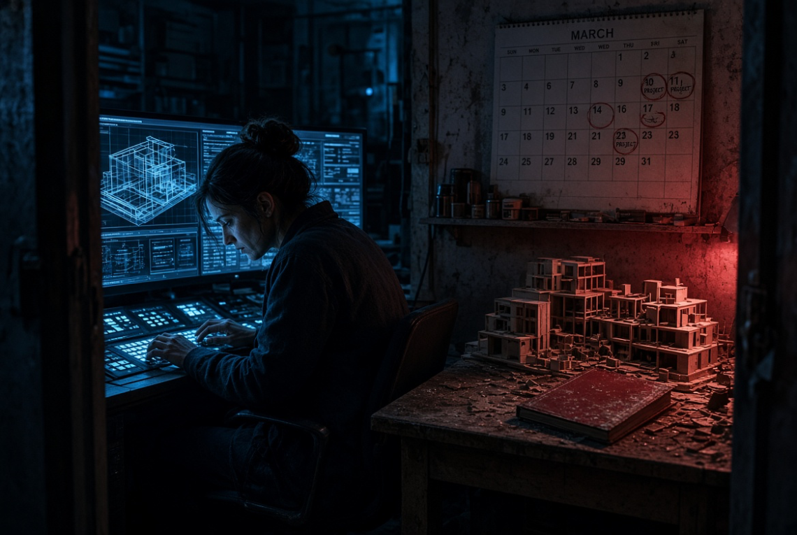 Editorial cinematic image a a Person: In the foreground, or through a doorway, we see a woman hunched intensely over a different, specialized task (e.g., obsessively typing at a console, or lost in complex digital models—a very Aquarius/Pluto activity). She is absorbed and maybe a little shadowed, reflecting the 'North Node/Pluto obsession.' 2. The Evidence of Neglect (The Failure/Guilt Zone): The Red Action/Guilt Accent: Against an opposite wall is a desk or shelving unit. A bright, deep red-bound ledger or specific notebook sits prominently, but it is covered in a layer of fine, gray dust. This is a visible symbol of an active "must-do" that has been neglected (Saturn/North Node neglect). Unfinished or 'Dead' Projects: Nearby, a complex physical model (like an architectural maquette or a detailed prototypes—the Aries initiation) sits half-assembled, but it is broken, incomplete, or pushed far to the side of a desk. Abandoned Calendars: A dry-erase wall calendar for a previous month is visible, with several days circled aggressively with "START PROJECT," but the remaining days are blank. This directly visualizes the "initiating something new but doing the same boring thing." 3. The Atmosphere: The lighting is split. The person working on the new task is under a cool, focused light (the North Node area). The neglected "guilt" desk is bathed in a much softer, maybe slightly sad, warm red glow