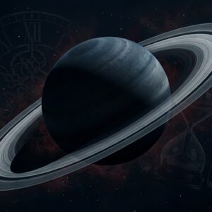 Saturn itself — dark, moody, rings prominent — rather than a generic “zodiac wheel” stock photo an image that reads as heavy, architectural, and a little austere (dark background, cool tones, an hourglass and a clock motif layered subtly) will telegraph the theme art. The image has a dark palette and is meant to be a visual nod to to explain Saturn Retrograde